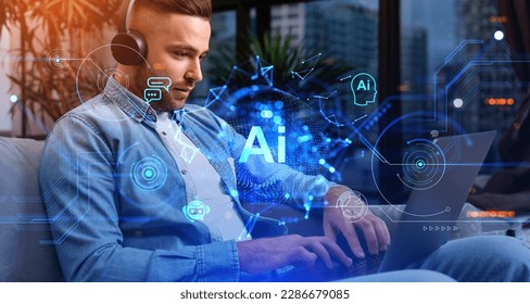 Businessman typing on laptop with headphones, AI hologram with chatbot and online communication, tech lines and connection. Concept of work process and virtual assistant - Powered by Shutterstock