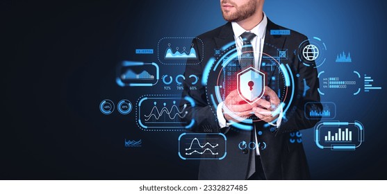 Businessman typing in phone, big business data protection, graph with lines and numbers, indicators and padlock icon with shield. Concept of cybersecurity and privacy