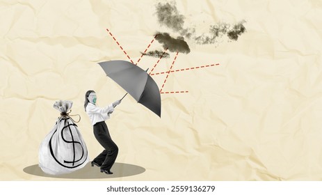 A businessman with an umbrella protects her dollar money bag on a colored background. Concept of economy. Collage art - Powered by Shutterstock