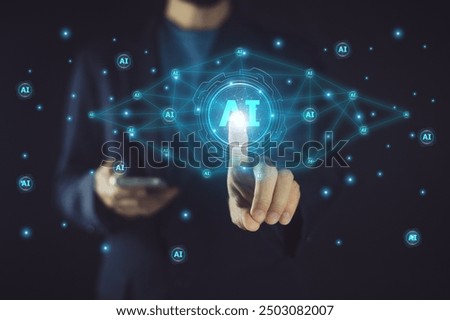 Businessman use AI algorithm technology to streamline operations, enhance decision-making processes, and gain a competitive advantage by leveraging data-driven insights for improved business outcomes.