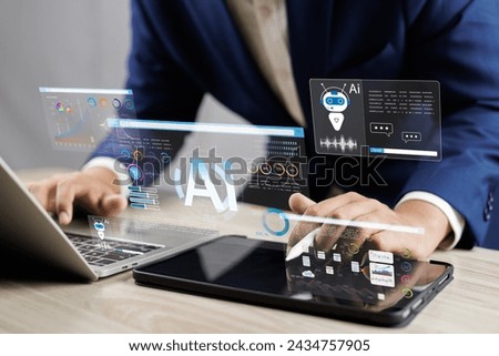 Businessman use artificial intelligence AI technology for enhanced work efficiency data analysis and efficient tools, Unlocking work potential with AI solutions chatbot help solve work problems.