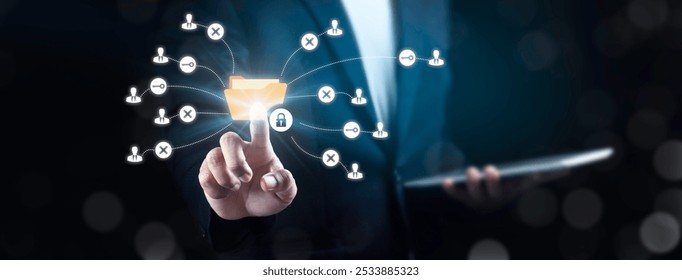 Businessman use Cloud computing data management technology system for network cyber security or database file document transfer and sharing, big data for finance data analytics to growth concepts.