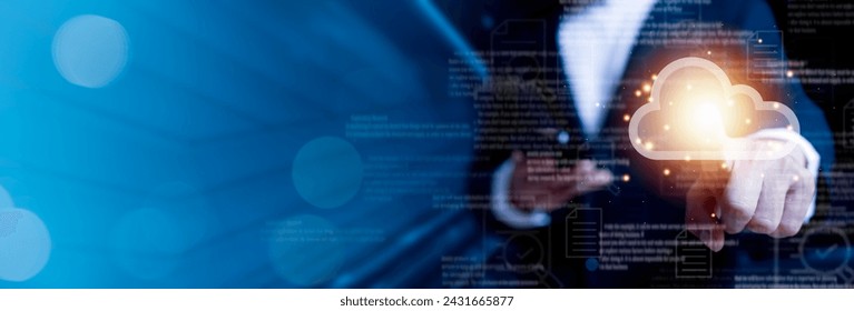 Businessman use cloud computing virtual screen Cloud technology. Data storage. Networking and internet service to softwares in business and sharing data management to customer business partner file.