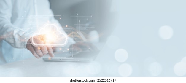 Businessman use cloud computing virtual screen Cloud technology. Data storage. Networking and internet service to softwares in business and sharing data management to customer business partner file.