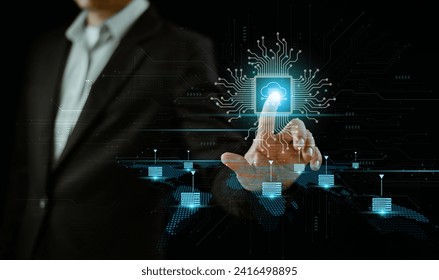 Businessman use computer laptop. Cloud security business technology concept. Cloud computing diagram tech. Data storage transfer, network internet service. Digital storage infographic system device
