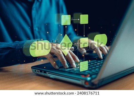 Businessman use computer process Workflows and Flowcharts background. Business hierarchy relationship of positional order in team work members. Automation diagram organization implement process