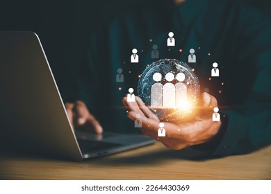 Businessman use computer,Customer Relationship Management, with global structure  Human Resources HR management recruitment employment headhunting concept. - Shutterstock ID 2264430369