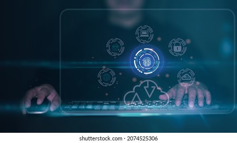 Businessman use computer,laptop with cloud computing diagram,finger print,finger scan, Cybersecurity, Cyber security concept, IT engineer working on protecting network against cyberattack from hacker.