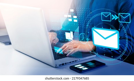 Businessman use email to receive and send business information, storage systems and use of communication technology. - Shutterstock ID 2179347685
