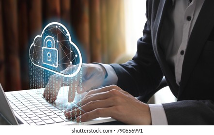 Businessman Use Laptop With Interface Of Padlock And Cloud Computing Technology, Cyber Security Data Protection Business Technology Privacy Concept.