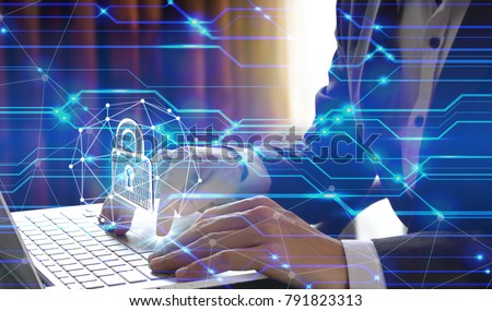 Businessman use Laptop with interface of padlock and global network technology, Cyber Security Data Protection Business Technology Privacy concept, Internet Concept of global business.