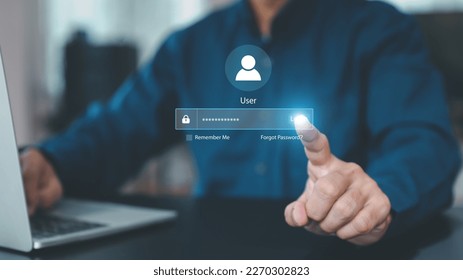 Businessman use laptop login register username and password identity on webpage concepts of cyber security, internet access, join social or personal data protection or forget pass key unlock.