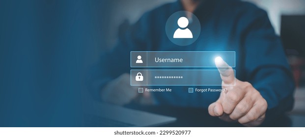 Businessman use laptop login register username and password identity on webpage concepts of cyber security, internet access, join social or personal data protection or forget pass key unlock.