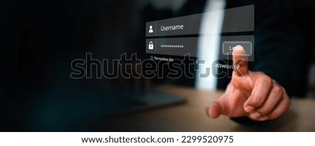 Businessman use laptop login register username and password identity on webpage concepts of cyber security, internet access, join social or personal data protection or forget pass key unlock.