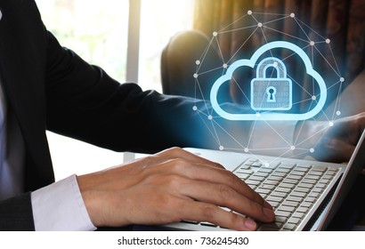 Businessman Use Laptop With Padlock And Cloud Technology Background, Cyber Security Data Protection Business Technology Privacy Concept, Internet Concept Of Global Business.