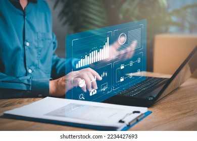Businessman use laptops to work on smart digital marketing and data management, Business strategy concept, automate operations, customer service management
