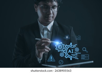Businessman use pen and digital tablet working with ai icon and digital file interface in AI document management system concept. Perfect for automation paperless workflow data processing smart office