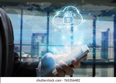 Businessman use smartphone with padlock and cloud computing technology background, Cyber Security Data Protection Business Technology Privacy concept, Internet Concept of global business. - Shutterstock ID 765356482