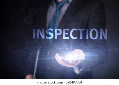 Businessman Use Smartphone And Selecting Inspection, Touch Screen. Virtual Icon. Graphs Interface. Business Concept. Internet Concept. Digital Interfaces