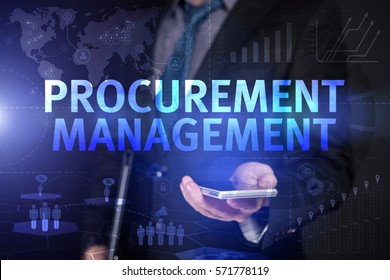 Businessman Use Smartphone And Selecting Procurement Management, Touch Screen. Virtual Icon. Graphs Interface. Business Concept. Internet Concept. Digital Interfaces