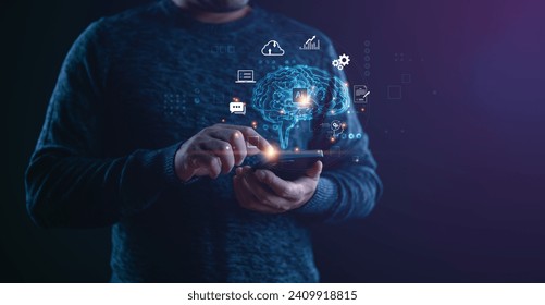 Businessman use smartphone with working of Artificial Intelligence (AI) Automation, Predictive analytics, Customer service AI-powered chatbot, analyze customer data, business and technology