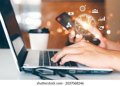 businessman use smartphones to connect global Internet and digital marketing, digital links, Big Data, technology, applications, connectivity applications in the future. - Shutterstock ID 2037068246