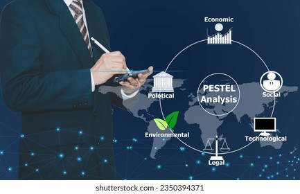Businessman use technology analysis Pestel concept.  Strategic planning process for develop innovative product, market initiatives.