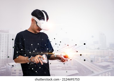 Businessman Use Vr Glasses And Looks At Building Background, Studio Shot.Virtual Gadgets For Entertainment, Work, Free Time And Study. Game Cyber Virtual Reality Technology Concept.