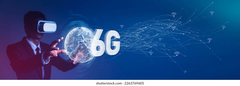 Businessman used Virtual Reality glasses. Future technology 6G network wireless systems and internet of things. Wifi and Smart city communication networks on smartphones, Global wireless devices. - Powered by Shutterstock