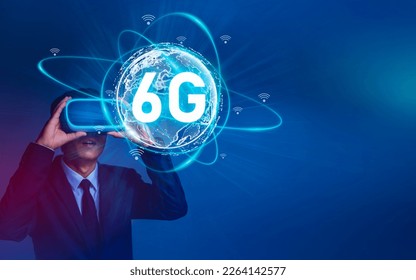 Businessman used Virtual Reality glasses. Future technology 6G network wireless systems and internet of things. Wifi and Smart city communication networks on smartphones, Global wireless devices. - Powered by Shutterstock