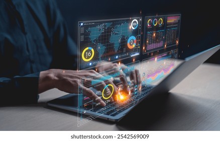 A businessman uses a laptop to access an AI-powered business analytics dashboard, showcasing charts, metrics, and KPIs. He analyzes performance data to generate. Data analysis concept.  - Powered by Shutterstock