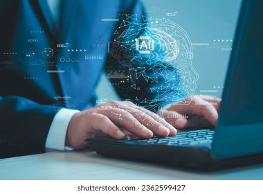 Businessman uses laptop computer with artificial intelligence and brain circuit board on holographic background. Innovative technology and business ideas