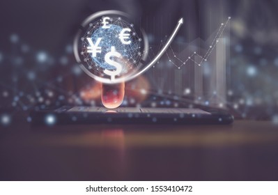  Businessman Uses Smartphone Computer, World Currencies, Wallet Cryptocurrency On Virtual Screen, Fintech Financial Technology, Internet Payment, Money Exchange, Digital Banking Concept