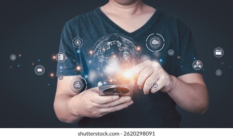 A businessman uses a smartphone to display holographic technology, with a glowing digital world and icons representing big data connectivity,cloud computing concepts,and global internet communication