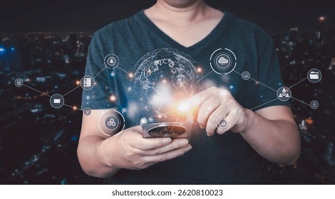 A businessman uses a smartphone to display holographic technology, with a glowing digital world and icons representing big data connectivity,cloud computing concepts,and global internet communication
