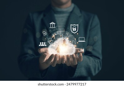 Businessman uses a tablet. Cloud computing disk is displayed on his hand. cloud technology Data storage Concept of internet service network and financial data transfe - Powered by Shutterstock - Get 15% off with code: PIKWIZARD15