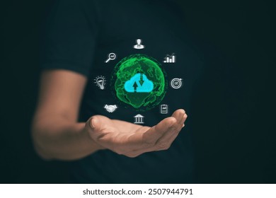 Businessman uses a tablet. Cloud computing disk is displayed on his hand. cloud technology Data storage Concept of internet service network and financial data transfe