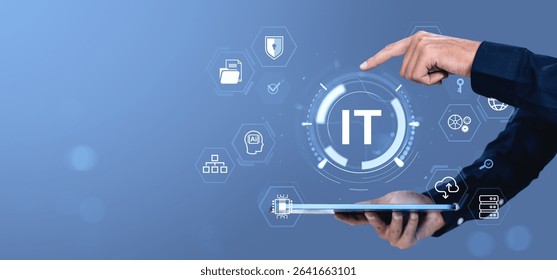 Businessman uses tablet with IT icons and network symbols over blue gradient background, representing modern technology and digital solutions - Powered by Shutterstock - Get 15% off with code: PIKWIZARD15