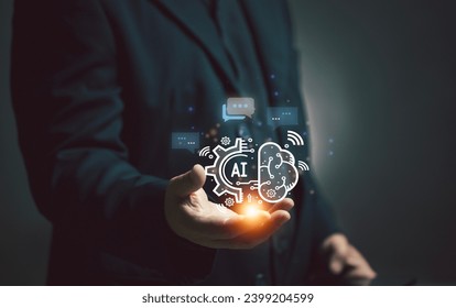 Businessman uses virtual screen to interact with AI chat bot in hand. artificial intelligence. chat with ai concept. Chat ai assistant service use phone or computer via internet. Solution Chat. - Powered by Shutterstock