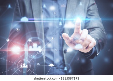 Businessman Using Abstract HR Hologram. Human Resources And Analytics Concept. Close Up