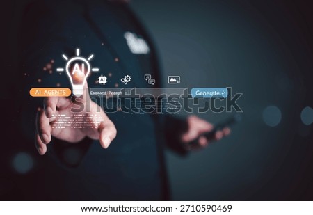 Businessman using AI agent with command prompt interface to generate digital content, representing artificial intelligence, automation, smart assistant, and innovation in digital technology.