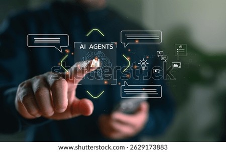 Businessman using AI agent interface for smart automation and digital communication. Concept of artificial intelligence, chatbot, virtual assistant, and generative AI technology.