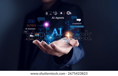 Businessman using AI agent interface automation and digital holds a AI-related icons and data, emphasizing technology and innovation , chatbot, virtual assistant, and generative AI technology