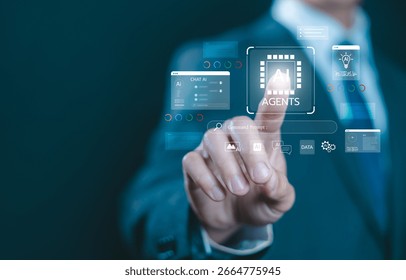 Businessman using AI agents command interface with virtual screens, representing artificial intelligence, automation, smart technology for business operations and productivity. Analysis of AI agents