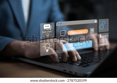 Businessman using AI agents and generative artificial intelligence on laptop for live chat, prompt automation, smart workflow, and digital data processing. Future AI technology concept.