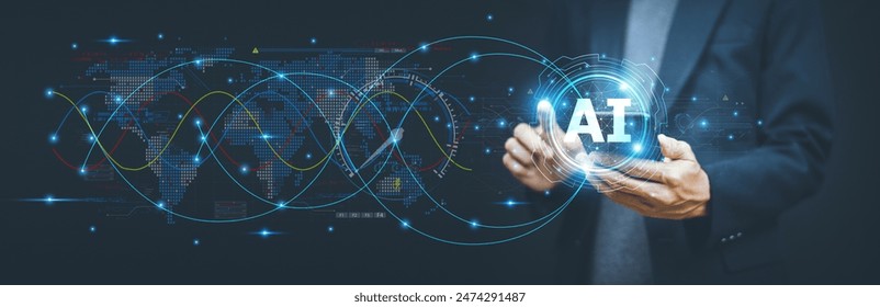 Businessman using ai artificial intelligence management in logistic system support human work and reduce time to work in process.AI assitant planing to import export for business.  - Powered by Shutterstock - Get 15% off with code: PIKWIZARD15