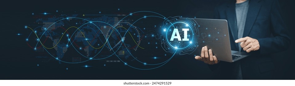 Businessman using ai artificial intelligence management in logistic system support human work and reduce time to work in process.AI assitant planing to import export for business.  - Powered by Shutterstock