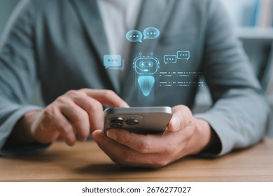 Businessman using AI chatbot application on smartphone for virtual assistant, customer support, and online communication. Innovative technology in digital business solutions.