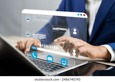 Businessman using AI chatbot conversation assistant in app on device for virtual assistance and customer support digital communication, Contact us Online service with AI Chatbot for efficient support. - Powered by Shutterstock