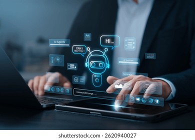 Businessman using AI chatbot interface on tablet and laptop, symbolizing artificial intelligence assistant, virtual communication, machine learning, automation, customer service, future technology.